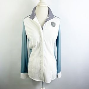 Noel Asmar Equestrian Polo Long Sleeve Top Magnet Collar White Blue Zip Up Sz S